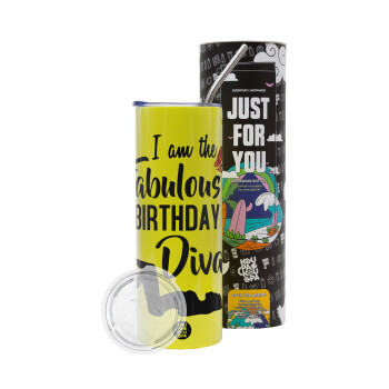 I am the fabulous Birthday Diva, Neon Yellow Travel Tumbler, with metal straw (Stainless steel 304 Food grade, BPA free, 600ml)