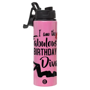 I am the fabulous Birthday Diva, Μεταλλικό παγούρι νερού με καπάκι ασφαλείας, αλουμινίου 850ml