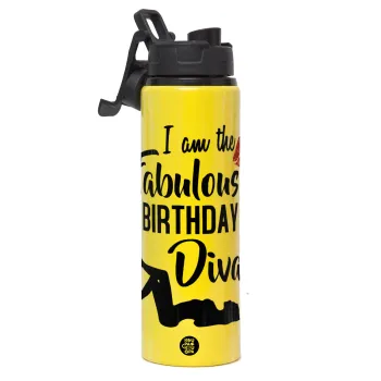 I am the fabulous Birthday Diva, Μεταλλικό παγούρι νερού με καπάκι ασφαλείας, αλουμινίου 850ml