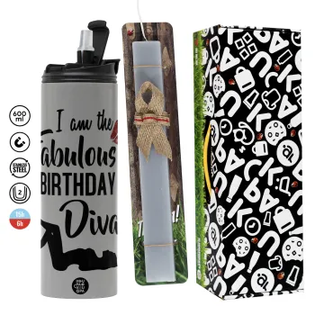I am the fabulous Birthday Diva, Πασχαλινή Λαμπάδα με Travel Tumbler θερμό (600ml, BPA free) & κερί αρωματικό πλακέ (30cm) (ΓΚΡΙ)