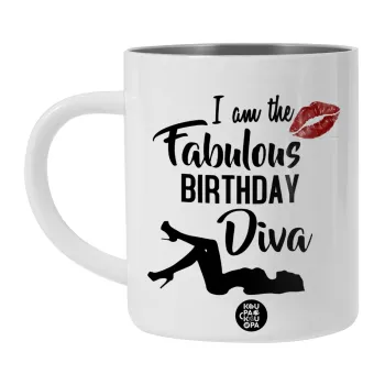 I am the fabulous Birthday Diva, Λευκή Ανοξείδωτη Μεταλλική Κούπα 450ml - Διπλού Τοιχώματος 