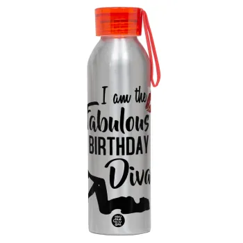 I am the fabulous Birthday Diva, Αλουμινένιο Αθλητικό Μπουκάλι 650ml – Ασημί με Κόκκινο Καπάκι και Λουράκι Σιλικόνης