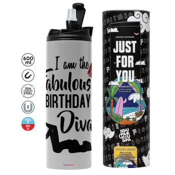 I am the fabulous Birthday Diva, Tumbler ποτήρι θερμό ΓΚΡΙ από ανοξείδωτο ατσάλι 600ml
