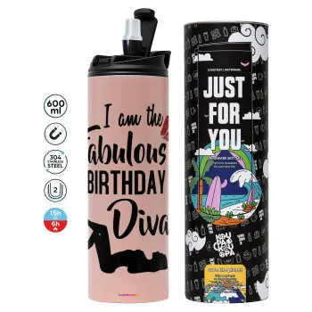 I am the fabulous Birthday Diva, Tumbler ποτήρι θερμό ΡΟΖ από ανοξείδωτο ατσάλι 600ml