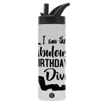 I am the fabulous Birthday Diva, Μεταλλικό παγούρι θερμός με καλαμάκι & χειρολαβή, ανοξείδωτο ατσάλι (Stainless steel 304), διπλού τοιχώματος, 600ml