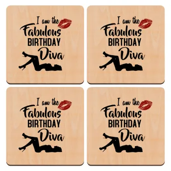 I am the fabulous Birthday Diva, ΣΕΤ x4 Σουβέρ ξύλινα τετράγωνα plywood (9cm)