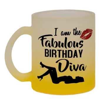 I am the fabulous Birthday Diva, Κούπα γυάλινη δίχρωμη με βάση το κίτρινο ματ, 330ml