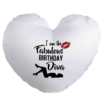 I am the fabulous Birthday Diva, Μαξιλάρι καναπέ καρδιά 40x40cm περιέχεται το  γέμισμα