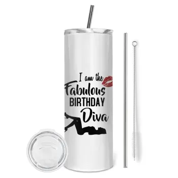 I am the fabulous Birthday Diva, Tumbler stainless steel 600ml, with metal straw & cleaning brush