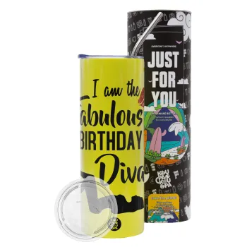 I am the fabulous Birthday Diva, Neon Yellow Travel Tumbler θερμό, μεταλλικό καλαμάκι(Ανωξείδωτο 304 Food grade, BPA free, 600ml)