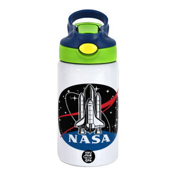NASA Badge, Children's hot water bottle, stainless steel, with safety straw, green, blue (350ml)