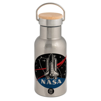 NASA Badge, Μεταλλικό παγούρι θερμός (Stainless steel) Ασημένιο με ξύλινο καπακι (bamboo), διπλού τοιχώματος, 350ml
