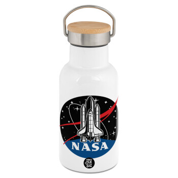 NASA Badge, Μεταλλικό παγούρι θερμός (Stainless steel) Λευκό με ξύλινο καπακι (bamboo), διπλού τοιχώματος, 350ml