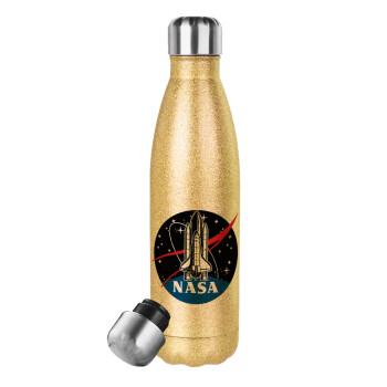 NASA Badge, Μεταλλικό παγούρι θερμός Glitter χρυσό (Stainless steel), διπλού τοιχώματος, 500ml