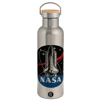 NASA Badge, Μεταλλικό παγούρι θερμός (Stainless steel) Ασημένιο με ξύλινο καπακι (bamboo), διπλού τοιχώματος, 750ml