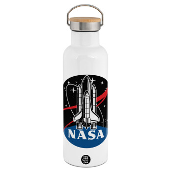 NASA Badge, Μεταλλικό παγούρι θερμός (Stainless steel) Λευκό με ξύλινο καπακι (bamboo), διπλού τοιχώματος, 750ml