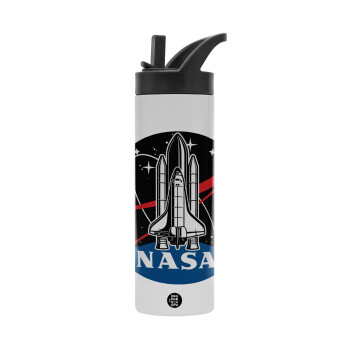 NASA Badge, Μεταλλικό παγούρι θερμός με καλαμάκι & χειρολαβή, ανοξείδωτο ατσάλι (Stainless steel 304), διπλού τοιχώματος, 600ml
