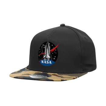 NASA Badge, Adult Flat Snapback Hat Black/Camouflage, (100% COTTON TWILL, ADULT, UNISEX, ONE SIZE)