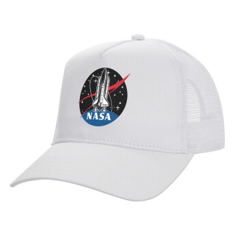 NASA Badge, Structured Trucker Adult Hat, with Mesh, WHITE (100% COTTON, ADULT, UNISEX, ONE SIZE)