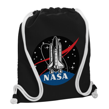 NASA Badge, Τσάντα πλάτης πουγκί GYMBAG Μαύρη, με τσέπη (40x48cm) & χονδρά λευκά κορδόνια