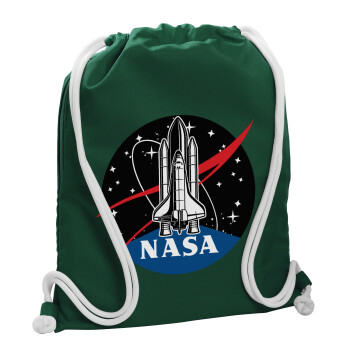 NASA Badge, Τσάντα πλάτης πουγκί GYMBAG BOTTLE GREEN, με τσέπη (40x48cm) & χονδρά λευκά κορδόνια