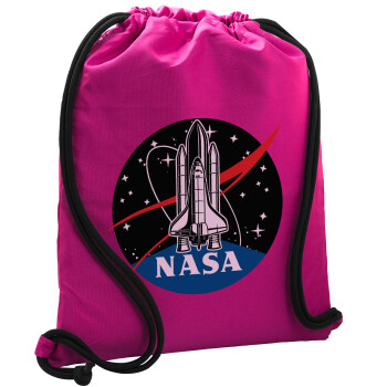 NASA Badge, Τσάντα πλάτης πουγκί GYMBAG Φούξια, με τσέπη (40x48cm) & χονδρά κορδόνια
