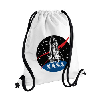 NASA Badge, Τσάντα πλάτης πουγκί GYMBAG λευκή, με τσέπη (40x48cm) & χονδρά κορδόνια