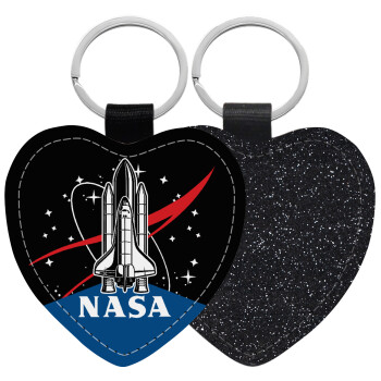 NASA Badge, Μπρελόκ PU δερμάτινο glitter καρδιά ΜΑΥΡΟ