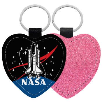 NASA Badge, Μπρελόκ PU δερμάτινο glitter καρδιά ΡΟΖ