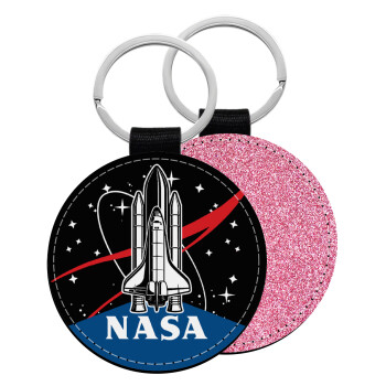 NASA Badge, Μπρελόκ Δερματίνη, στρογγυλό ΡΟΖ (5cm)
