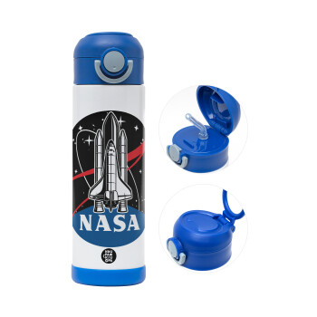 NASA Badge, Children's hot water bottle, stainless steel, with safety straw, BLUE (500ml)