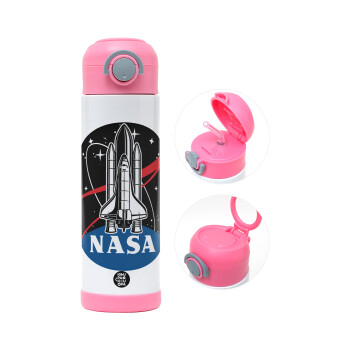 NASA Badge, Children's hot water bottle, stainless steel, with safety straw, PINK (500ml)
