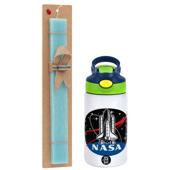 NASA Badge, Easter Set, Children's thermal stainless steel bottle with safety straw, green/blue (350ml) & aromatic flat Easter candle (30cm) (TURQUOISE)