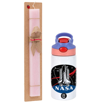 NASA Badge, Easter Set, Children's thermal stainless steel water bottle with safety straw, pink/purple (350ml) & Easter scented flat candle (30cm) (PINK)
