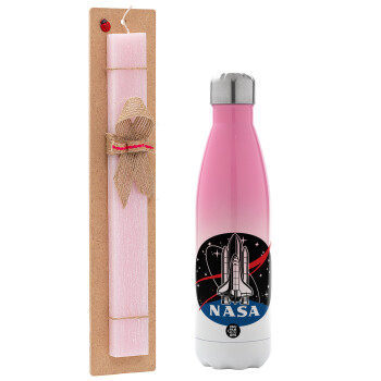NASA Badge, Easter Set, Metallic pink/white (Stainless steel) thermos, double-walled, 500ml & aromatic flat Easter candle (30cm) (PINK)