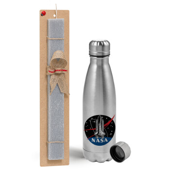 NASA Badge, Easter Set, metallic Inox water bottle (750ml) & aromatic flat Easter candle (30cm) (GRAY)