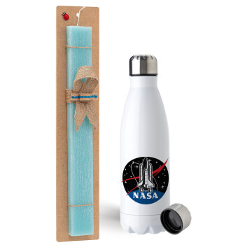 NASA Badge, Easter Set, metallic stainless steel water bottle (750ml) & aromatic flat Easter candle (30cm) (TURQUOISE)
