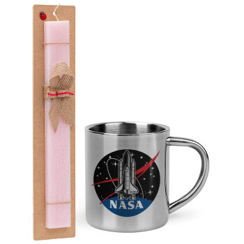 NASA Badge, Easter Set, metallic thermal cup (300ml) & aromatic flat Easter candle (30cm) (PINK)