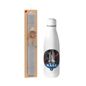 NASA Badge, Easter Set, metallic stainless thermos bottle (500ml) & scented flat Easter candle (30cm) (GRAY)