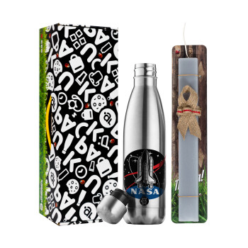 NASA Badge, Easter Set, metallic stainless thermos flask (500ml) & scented flat Easter candle (30cm) (GRAY)
