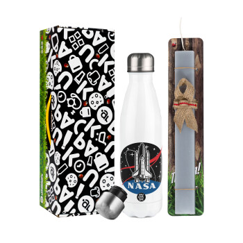 NASA Badge, Πασχαλινή Λαμπάδα με μεταλλικό παγούρι θερμός λευκός (500ml) & λαμπάδα αρωματική πλακέ (30cm) (ΓΚΡΙ)