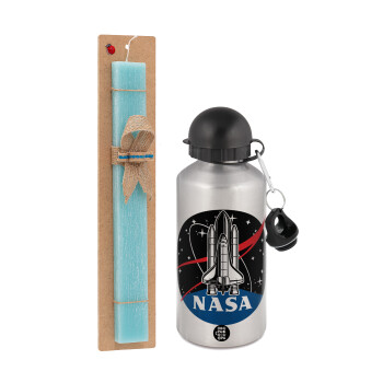 NASA Badge, Easter Set, metallic silver aluminum water bottle (500ml) & scented flat Easter candle (30cm) (TURQUOISE)