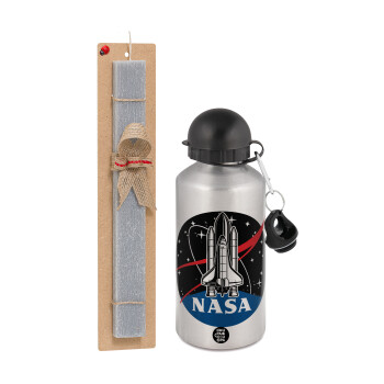 NASA Badge, Πασχαλινό Σετ, παγούρι μεταλλικό Ασημένιο αλουμινίου (500ml) & πασχαλινή λαμπάδα αρωματική πλακέ (30cm) (ΓΚΡΙ)