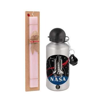 NASA Badge, Easter Set, metallic Silver aluminum water bottle (500ml) & scented flat Easter candle (30cm) (PINK)