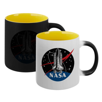 NASA Badge, Κούπα Μαγική εσωτερικό κίτρινη, κεραμική 330ml που αλλάζει χρώμα με το ζεστό ρόφημα