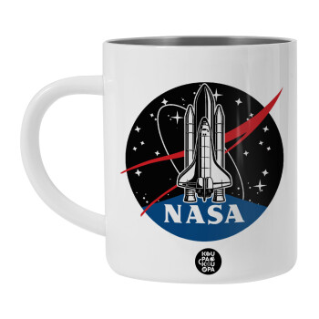 NASA Badge, Λευκή Ανοξείδωτη Μεταλλική Κούπα 450ml - Διπλού Τοιχώματος 