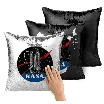 NASA Badge, Μαξιλάρι καναπέ Μαγικό Μαύρο με πούλιες 40x40cm περιέχεται το γέμισμα