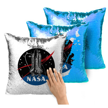 NASA Badge, Μαξιλάρι καναπέ Μαγικό Μπλε με πούλιες 40x40cm περιέχεται το γέμισμα