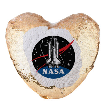 NASA Badge, Μαξιλάρι καναπέ καρδιά Μαγικό Χρυσό με πούλιες 40x40cm περιέχεται το  γέμισμα