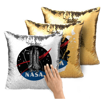NASA Badge, Μαξιλάρι καναπέ Μαγικό Χρυσό με πούλιες 40x40cm περιέχεται το γέμισμα